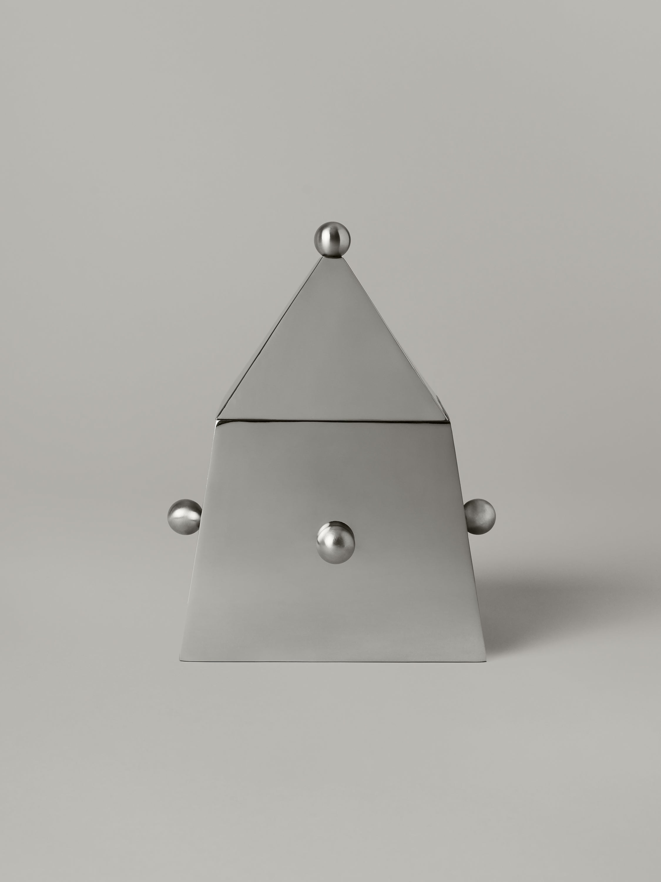 Tall stainless steel lidded box with brushed body and polished lid