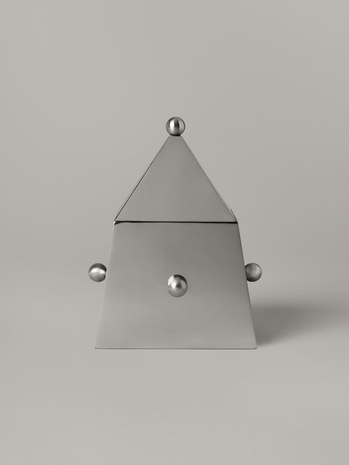 Tall stainless steel lidded box with brushed body and polished lid
